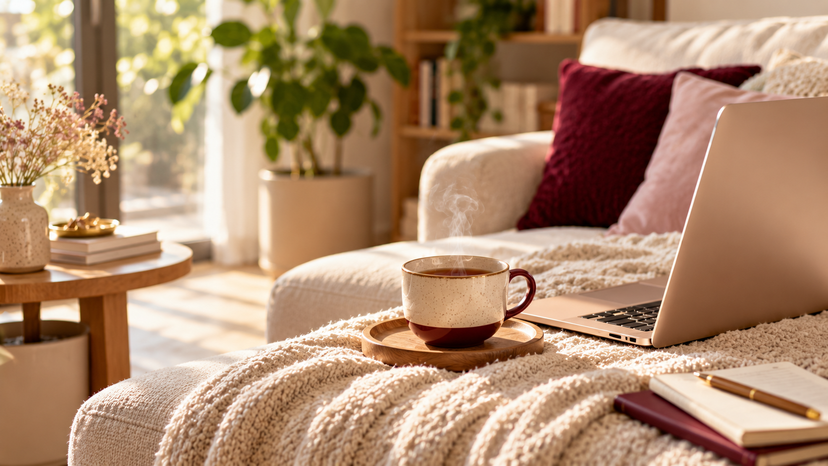 Un coin salon lumineux : une tasse de thé fumante et un ordinateur posés sur un plaid